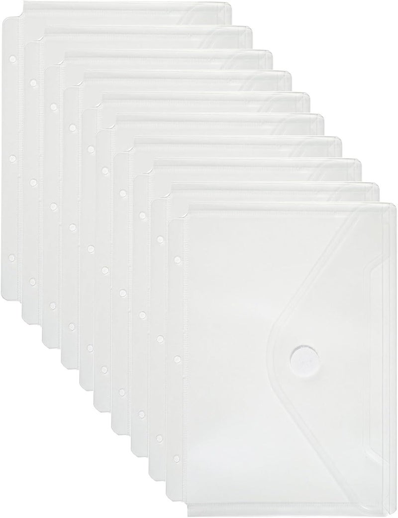 YESSART Plastic 3 Ring Binder Pockets Clear Pouches for 5.5’’ x 8.5’’ Paper Folder Organizer Hook Loop Closure 10 Pack - Image 1